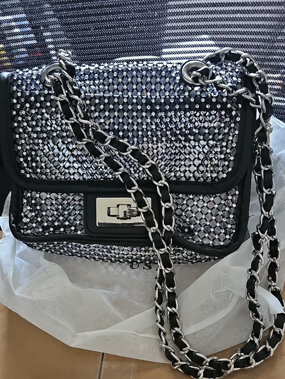Sparkle-Embellished Black Crossbody with Silver Chain